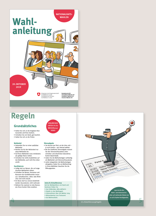 Gestaltung Broschüre Wahlanleitung / Illustrationen: Tom Künzli / Bundeskanzlei / 2019